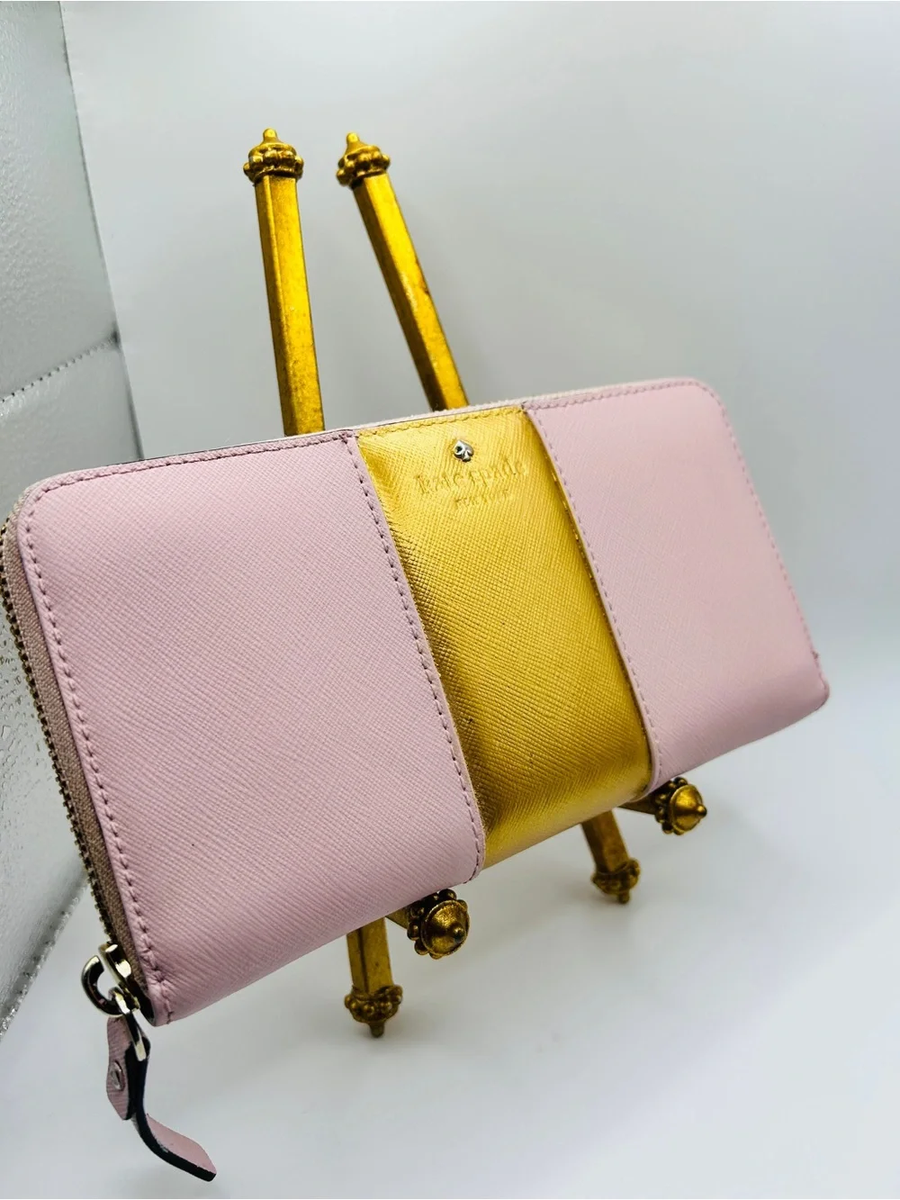 Kate Spade Pink and Gold Zip-Around Saffiano Wallet Good Condition